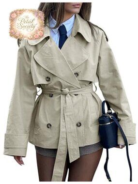 Cropped Trench Coat Women Double Breasted Belt Cotton Fall Jacket